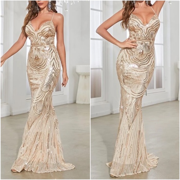 Light Luxury Sequined Evening Dress Low Cut Backless Slip Dress Slim Fit Elegant Fishtail